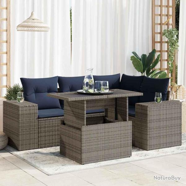 Salon de jardin avec coussins 5 pcs gris r�sine tress�e