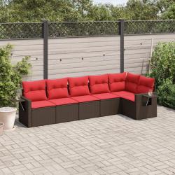 Ensemble de canap&eacute; de jardin 6 pcs avec coussins marron r&eacute;sine tress&eacute;e