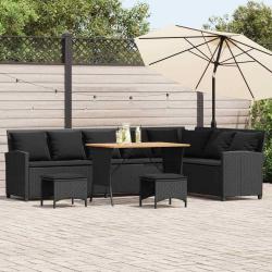 Salon de jardin 4 pcs avec coussins forme L noir r&eacute;sine tress&eacute;e