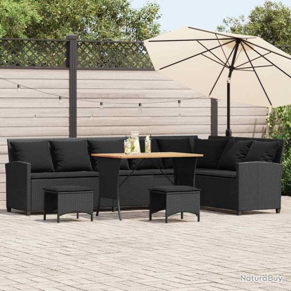 Salon de jardin 4 pcs avec coussins forme L noir r�sine tress�e