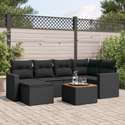 Salon de jardin 7 pcs avec coussins noir r&eacute;sine tress&eacute;e
