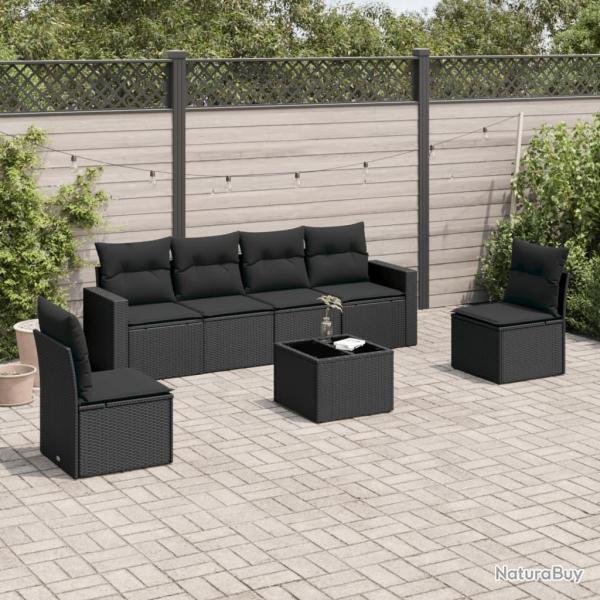 Salon de jardin 7 pcs avec coussins noir r�sine tress�e