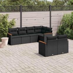 Salon de jardin 7 pcs avec coussins noir r&eacute;sine tress&eacute;e