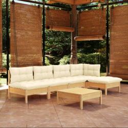 Salon de jardin 6 pcs avec coussins cr&egrave;me bois de pin