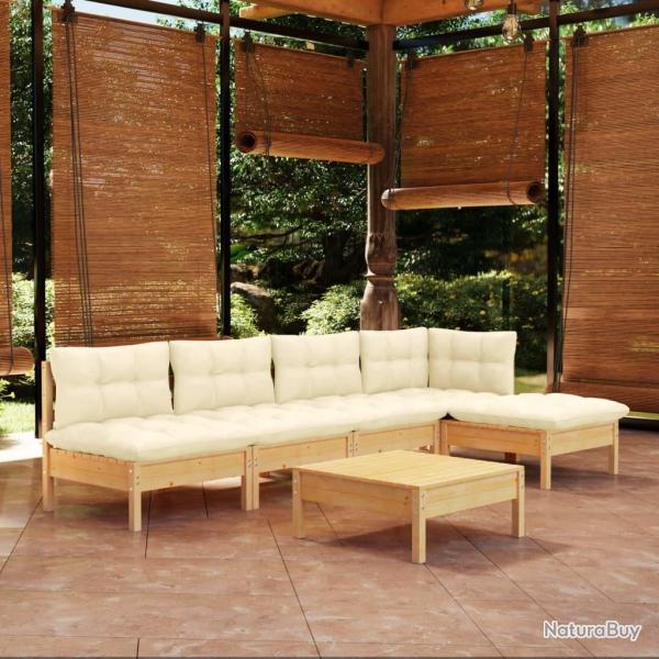 Salon de jardin 6 pcs avec coussins cr�me bois de pin