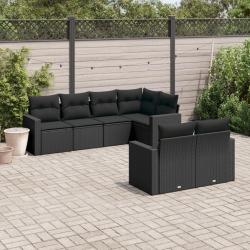 Salon de jardin 7 pcs avec coussins noir r&eacute;sine tress&eacute;e
