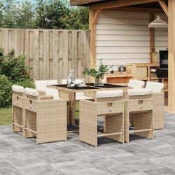 Ensemble &agrave; manger de jardin et coussins 9 pcs beige Poly rotin