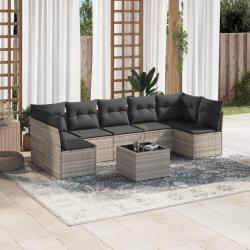 Salon de jardin 8 pcs avec coussins gris clair r&eacute;sine tress&eacute;e