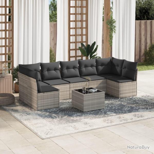 Salon de jardin 8 pcs avec coussins gris clair r�sine tress�e