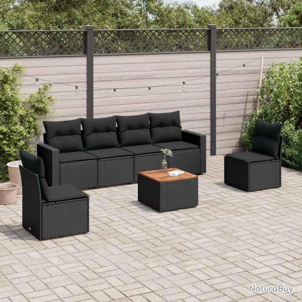 Salon de jardin 7 pcs avec coussins noir r�sine tress�e