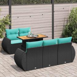 Salon de jardin 6 pcs avec coussins noir r&eacute;sine tress&eacute;e