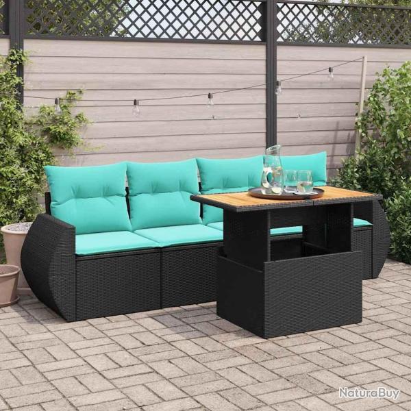Salon de jardin 5 pcs avec coussins noir r�sine tress�e