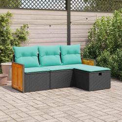 Salon de jardin 4 pcs avec coussins noir r&eacute;sine tress&eacute;e