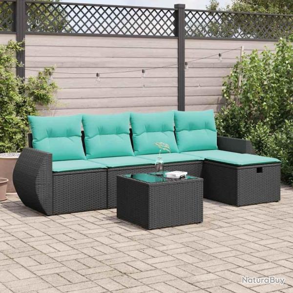 Salon de jardin 6 pcs avec coussins noir r�sine tress�e