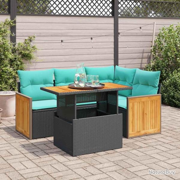 Salon de jardin 5 pcs avec coussins noir r�sine tress�e acacia