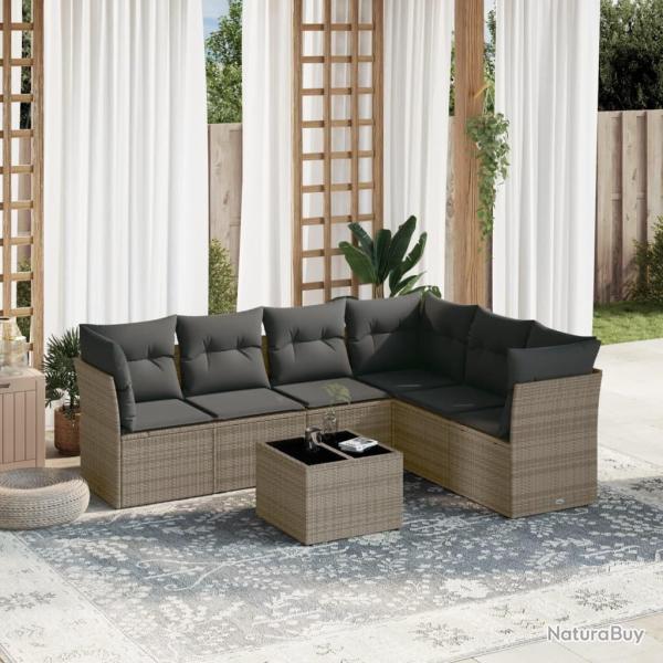 Salon de jardin avec coussins 7 pcs gris r�sine tress�e