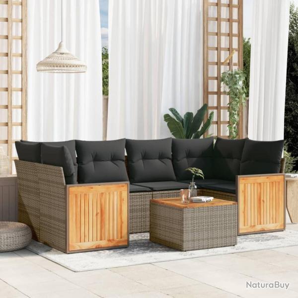 Salon de jardin avec coussins 7 pcs gris r�sine tress�e