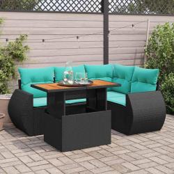Salon de jardin 5 pcs avec coussins noir r&eacute;sine tress&eacute;e
