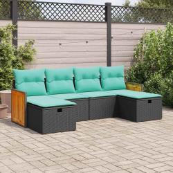 Salon de jardin 6 pcs avec coussins noir r&eacute;sine tress&eacute;e