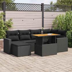 Salon de jardin 7 pcs avec coussins noir r&eacute;sine tress&eacute;e
