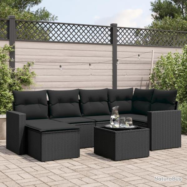 Salon de jardin 7 pcs avec coussins noir r�sine tress�e
