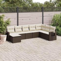 Salon de jardin 8 pcs avec coussins marron r&eacute;sine tress&eacute;e