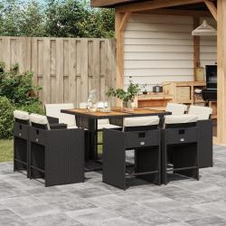 Ensemble &agrave; manger de jardin 9pcs coussins noir r&eacute;sine tress&eacute;e