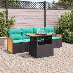 Salon de jardin 5 pcs avec coussins noir r&eacute;sine tress&eacute;e acacia