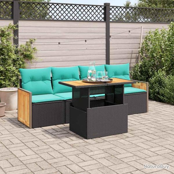 Salon de jardin 5 pcs avec coussins noir r�sine tress�e acacia