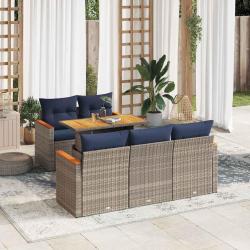 Salon de jardin 6 pcs avec coussins gris r&eacute;sine tress&eacute;e