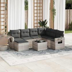 Salon de jardin 8 pcs avec coussins gris clair r&eacute;sine tress&eacute;e