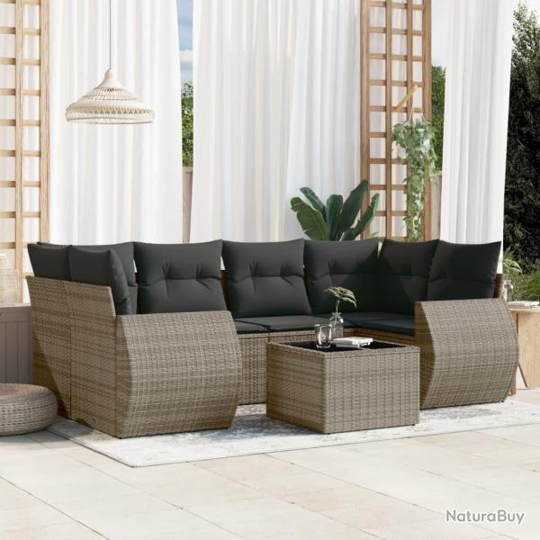 Salon de jardin avec coussins 7 pcs gris r�sine tress�e