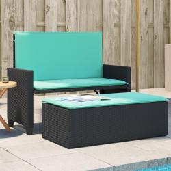 Banc de jardin avec coussins et repose-pieds noir r&eacute;sine tress&eacute;e