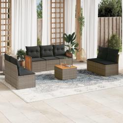 Salon de jardin 8 pcs avec coussins gris r&eacute;sine tress&eacute;e