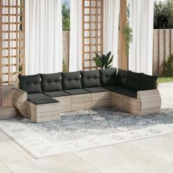 Salon de jardin 8 pcs avec coussins gris clair r&eacute;sine tress&eacute;e