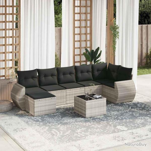 Salon de jardin 8 pcs avec coussins gris clair r�sine tress�e