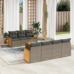 Salon de jardin 8 pcs avec coussins gris r&eacute;sine tress&eacute;e