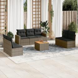 Salon de jardin 8 pcs avec coussins gris r&eacute;sine tress&eacute;e