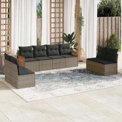 Salon de jardin 8 pcs avec coussins gris r&eacute;sine tress&eacute;e