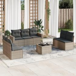Salon de jardin 8 pcs avec coussins gris r&eacute;sine tress&eacute;e