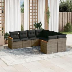 Salon de jardin 8 pcs avec coussins gris r&eacute;sine tress&eacute;e