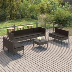 Salon de jardin 9 pcs avec coussins R&eacute;sine tress&eacute;e Gris