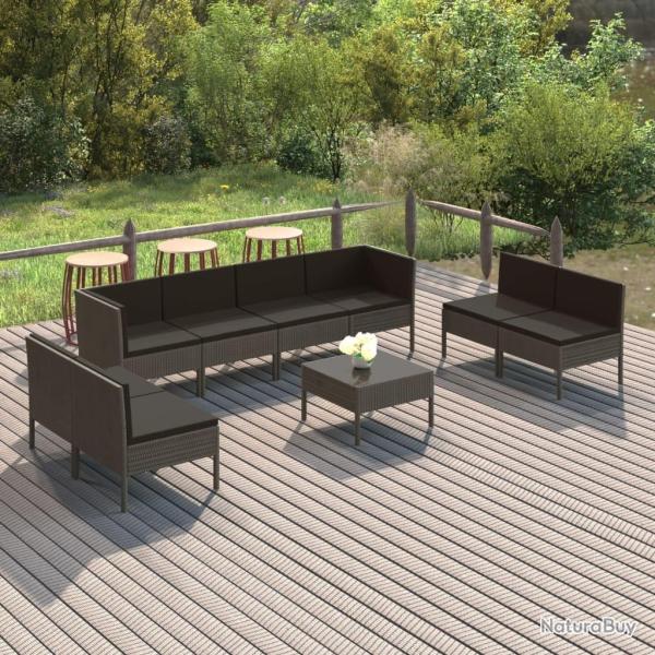Salon de jardin 9 pcs avec coussins R�sine tress�e Gris