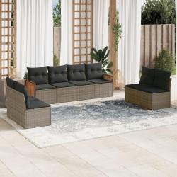 Salon de jardin 8 pcs avec coussins gris r&eacute;sine tress&eacute;e