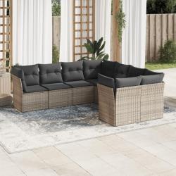 Salon de jardin 8 pcs avec coussins gris r&eacute;sine tress&eacute;e