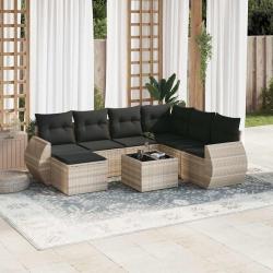 Salon de jardin 8 pcs avec coussins gris clair r&eacute;sine tress&eacute;e