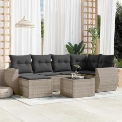 Salon de jardin avec coussins 7 pcs gris clair r&eacute;sine tress&eacute;e
