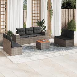 Salon de jardin 8 pcs avec coussins gris r&eacute;sine tress&eacute;e