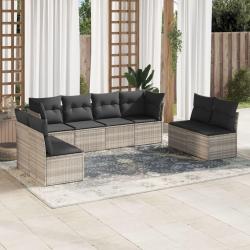 Salon de jardin 8 pcs avec coussins gris clair r&eacute;sine tress&eacute;e