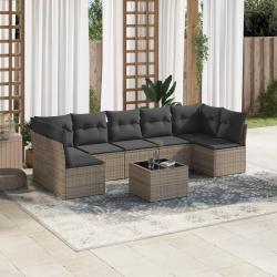 Salon de jardin 8 pcs avec coussins gris r&eacute;sine tress&eacute;e